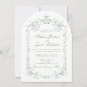 Vintage Sage Green Old Money Arched Photo Wedding Invitation