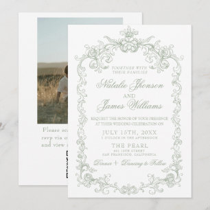 Vintage Sage Green Old Money Photo QR Code Wedding Invitation