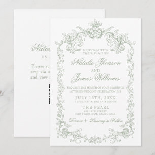 Vintage Sage Green Old Money QR Code Wedding Invitation
