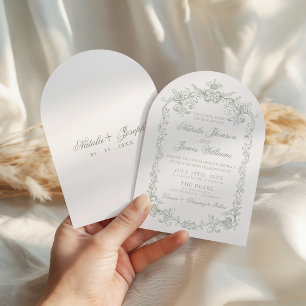 Vintage Sage Green Old Money Retro Arched Wedding Invitation