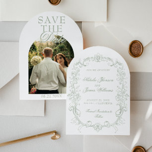 Vintage Sage Green Photo Old Money Arched Wedding Save The Date