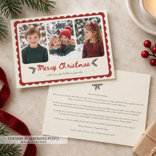 Vintage Sage Green Scalloped Christmas 3 Photo Holiday Card