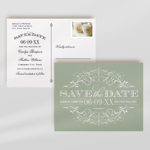 Vintage Sage Green Scrollwork Save the Date Announcement Postcard