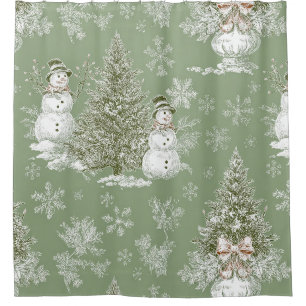 Vintage Sage Green Snowman Christmas Toile Shower Curtain