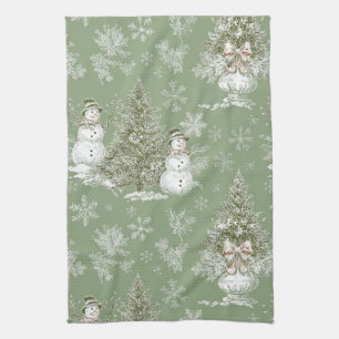 Vintage Sage Green Snowman Christmas Toile Tea Towel