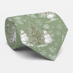 Vintage Sage Green Snowman Christmas Toile Tie