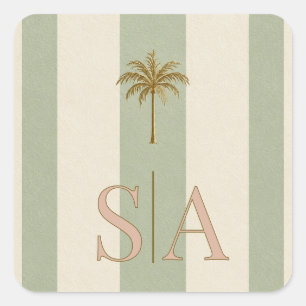 Vintage Sage Green Striped Palm Monogram Sticker