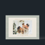 Vintage Sage Green Stripes Custom Photo Christmas Holiday Card<br><div class="desc">Share warm holiday wishes with this modern striped Christmas card featuring your favourite family photo. Designed with a clean ivory background and sage green horizontal stripes, this festive card pairs contemporary minimalism with timeless charm. The classic serif type and lower-case script lend a refined, heartfelt touch. Perfect for stylish families...</div>