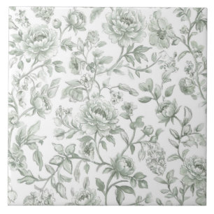 Vintage Sage Green Toile-De-Jouy Watercolor Floral Ceramic Tile