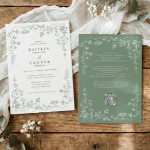 Vintage Sage Green Toile French Floral Wedding Invitation