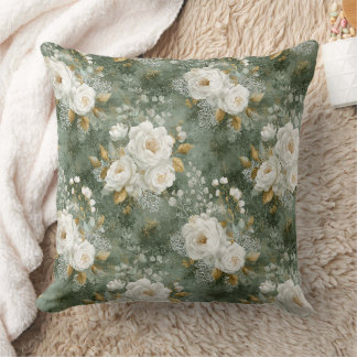Vintage Sage Green Watercolor Rose Floral Throw Cushion