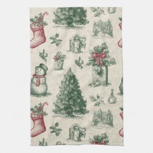 Vintage Sage Green Winter Toile Christmas (1) Tea Towel