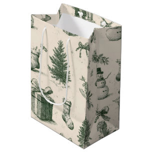 Vintage Sage Green Winter Toile Christmas (2) Medium Gift Bag