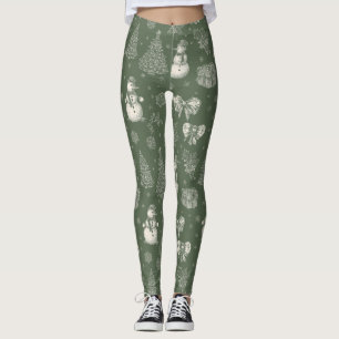 Vintage Sage Green Winter Toile Christmas (5) Leggings