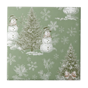 Vintage Sage Green Winter Toile Christmas (6) Ceramic Tile