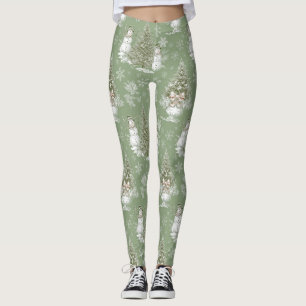 Vintage Sage Green Winter Toile Christmas (6) Leggings