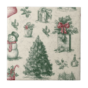 Vintage Sage Green Winter Toile Christmas Ceramic Tile