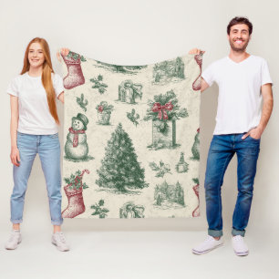 Vintage Sage Green Winter Toile Christmas Fleece Blanket