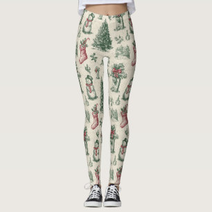 Vintage Sage Green Winter Toile Christmas Leggings