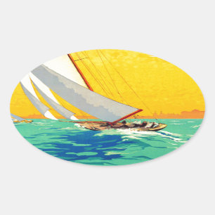 Vintage Sail Boats French Travel Oval Sticker