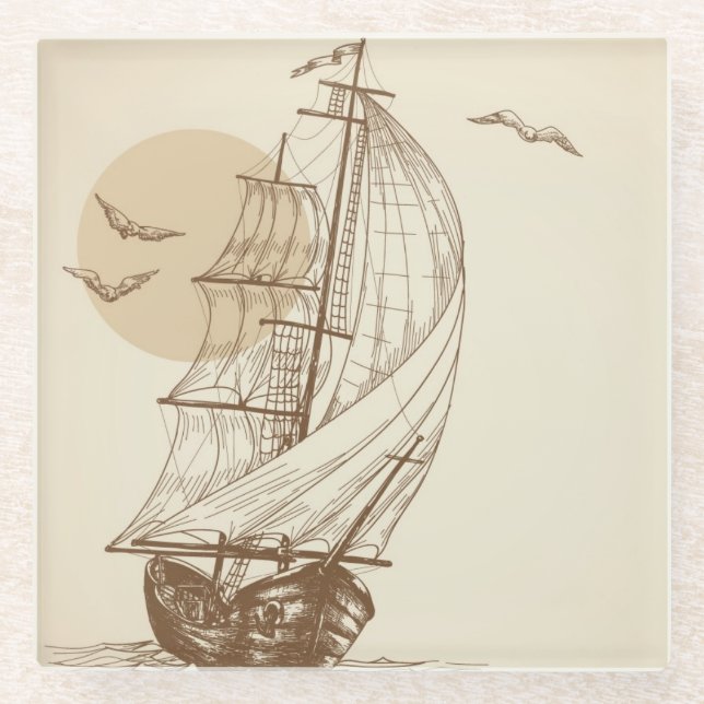 Vintage sailboat glass coaster (Front)