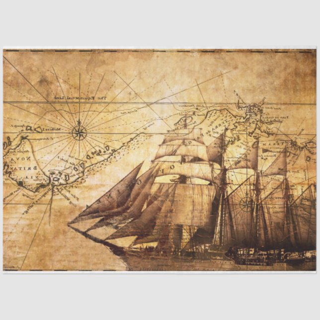 Vintage Sailboat & Map Decoupage Tissue Paper (Front)