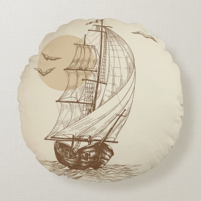 Vintage sailboat round cushion (Front)