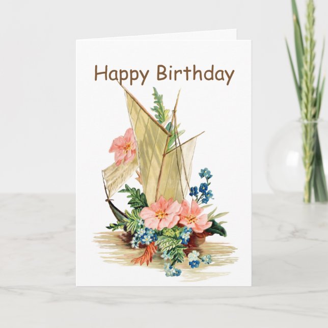 Vintage Sailboat with Flowers Card (Front)