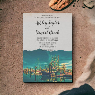 Vintage sailing boat port navy destination wedding invitation