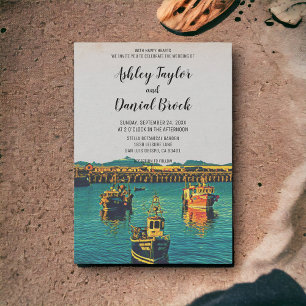Vintage sailing boats navy destination wedding invitation