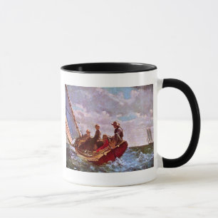 Vintage sailing dinghy in an open sea mug