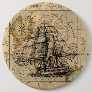 Vintage Sailing Ship and Old European Map 6 Cm Round Badge