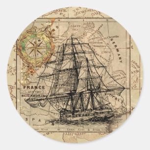 Vintage Sailing Ship and Old European Map Classic Round Sticker