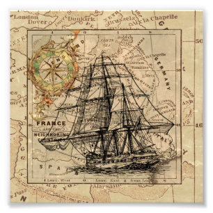 Vintage Sailing Ship and Old European Map Photo Print