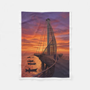 Vintage Sailing Ship At Sunset Ocean Fleece Blanke Blanket