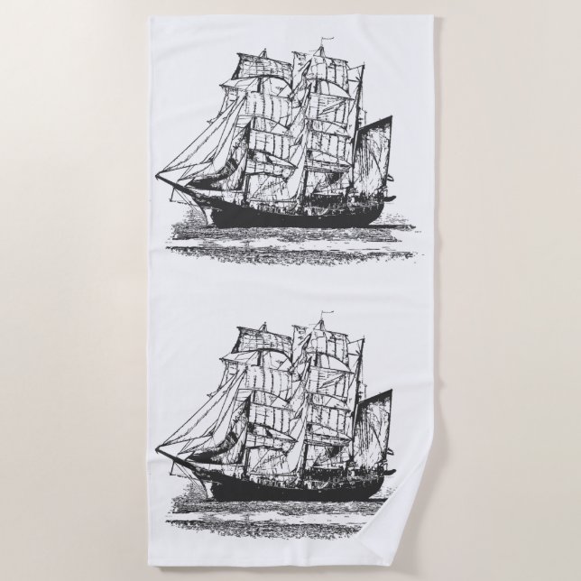 Vintage Sailing Ship Line Drawing Sailboat Beach Towel (Front)