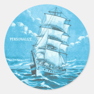 Vintage Sailing Ship Nautical Drawing Cool Coastal Classic Round Sticker