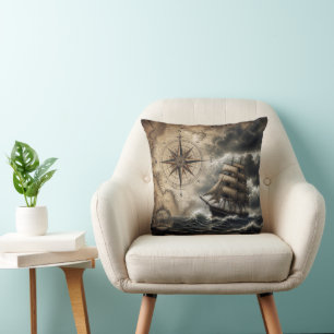 Vintage Sailing Ship with Compass Rose Cushion
