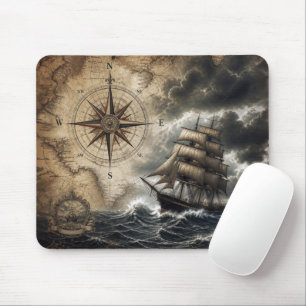 Vintage Sailing Ship with Compass Rose Mouse Pad
