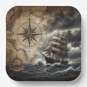 Vintage Sailing Ship with Compass Rose Paper Plate