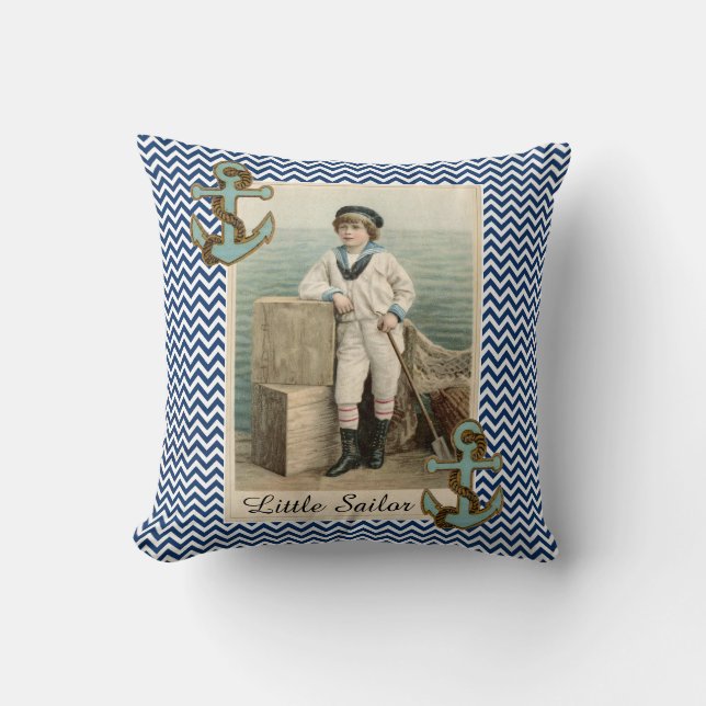 VINTAGE SAILOR BOY /ANCHOR AND ROPE ,BLUE CHEVRONS CUSHION (Front)