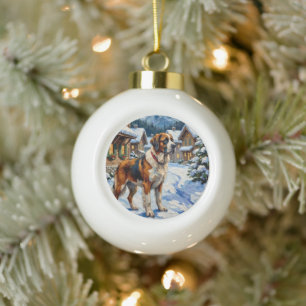 Vintage Saint Bernard Alpine Christmas Painting Ceramic Ball Christmas Ornament