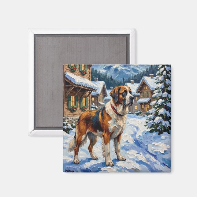 Vintage Saint Bernard Alpine Christmas Painting Magnet (Front/Back)