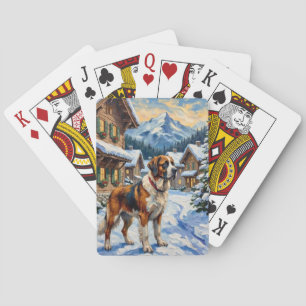 Vintage Saint Bernard Alpine Christmas Painting Playing Cards