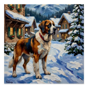 Vintage Saint Bernard Alpine Christmas Painting Poster