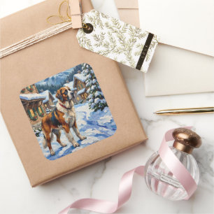 Vintage Saint Bernard Alpine Christmas Painting Square Sticker