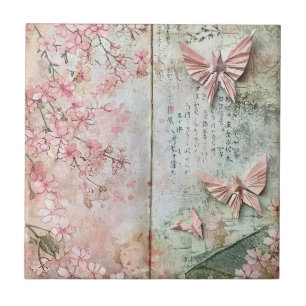Vintage Sakura Butterfly Collage Ceramic Tile