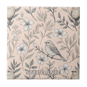 Vintage Sakura Cherry Blossom & Bird Aesthetic 3 Ceramic Tile