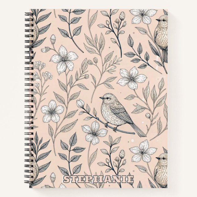 Vintage Sakura Cherry Blossom & Bird  Aesthetic 3 Notebook (Front)