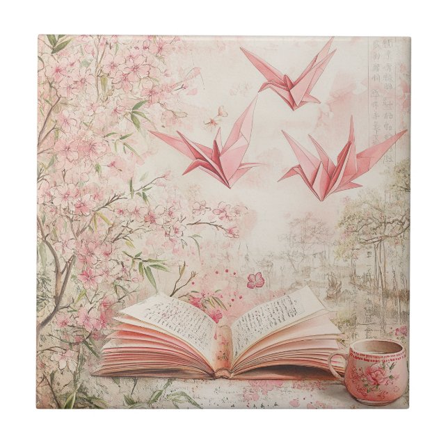 Vintage Sakura Origami Serenity (1) Ceramic Tile (Front)